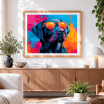 Finished cool black dog with orange sunglasses cross stitch artwork displayed