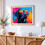Cool black dog with orange sunglasses cross stitch artwork displayed on wall as home decor