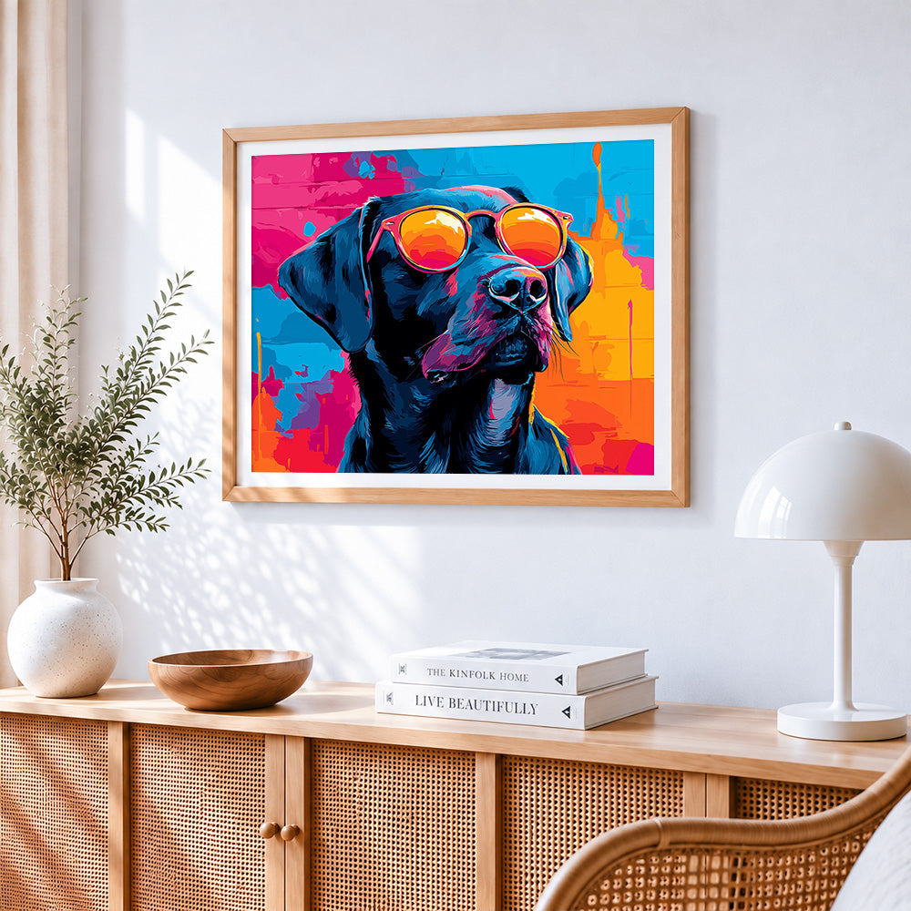 Cool black dog with orange sunglasses cross stitch artwork displayed on wall as home decor