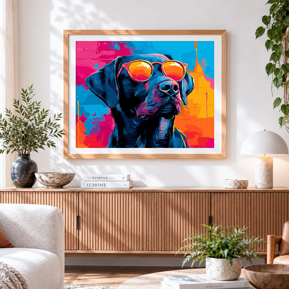 Finished cool black dog with orange sunglasses paint by numbers artwork displayed as home decor