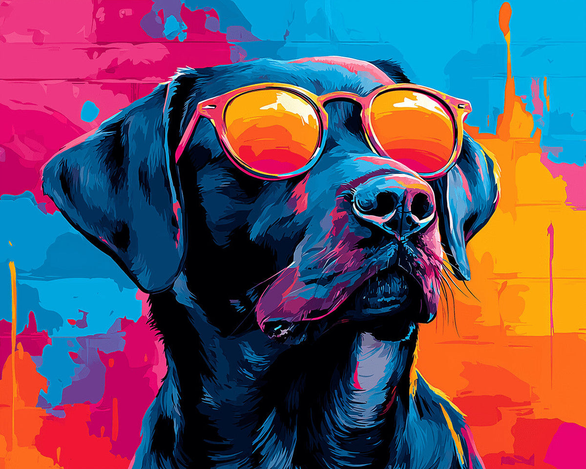 Cool black dog with orange sunglasses paint by numbers kit for beginners