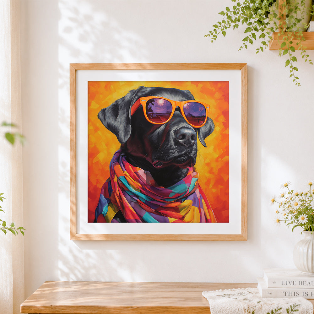 Finished cool black labrador with sunglasses cross stitch artwork displayed
