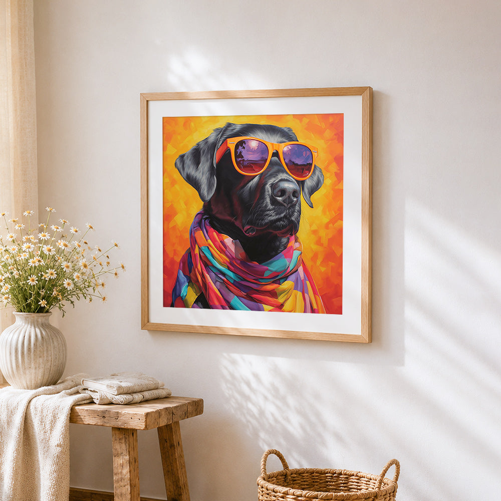 Cool black labrador with sunglasses cross stitch artwork displayed on wall as home decor