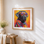 Cool black labrador with sunglasses cross stitch artwork displayed on wall as home decor