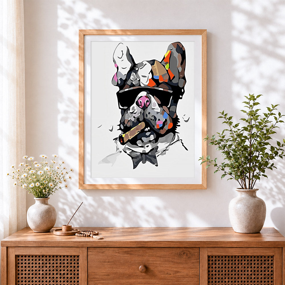Finished cool bulldog smoking a cigar cross stitch artwork displayed