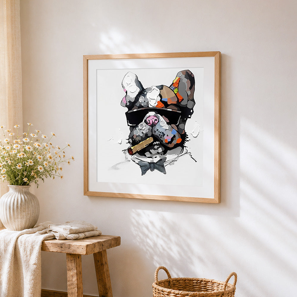 Cool bulldog with cigar and bow tie paint by numbers artwork displayed on wall as home decor