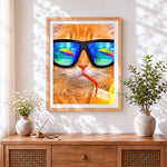 Finished cool cat drinking a beverage cross stitch artwork displayed