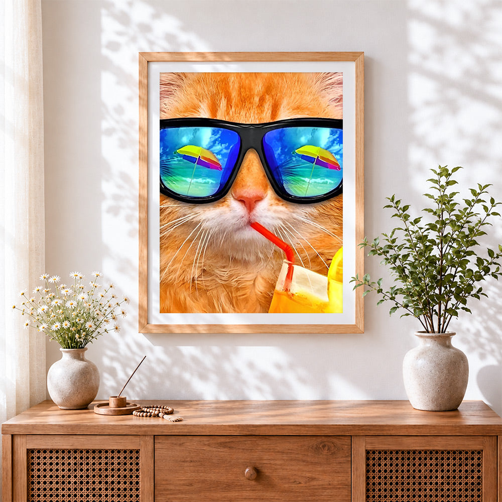 Finished cool cat drinking a beverage cross stitch artwork displayed