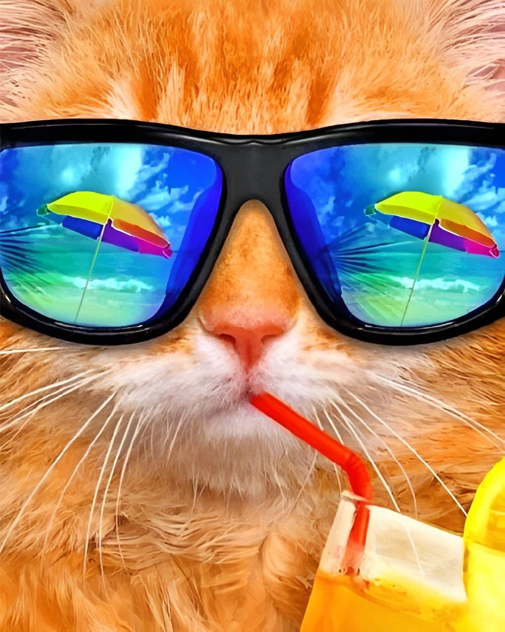 Cool cat drinking a beverage cross stitch kit for beginners