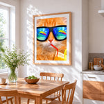 Cool cat drinking a beverage cross stitch artwork displayed on wall as home decor