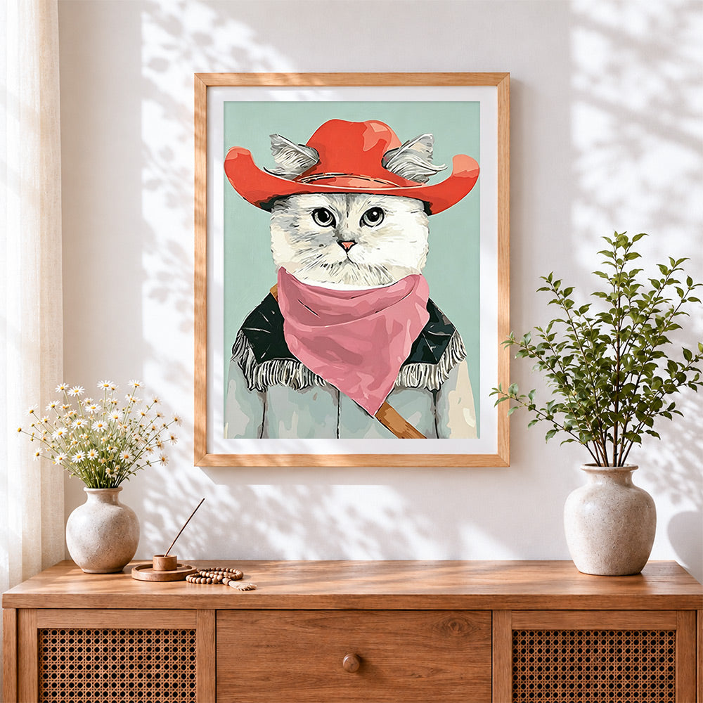 Finished cool cat in a cowboy hat and bandana cross stitch artwork displayed