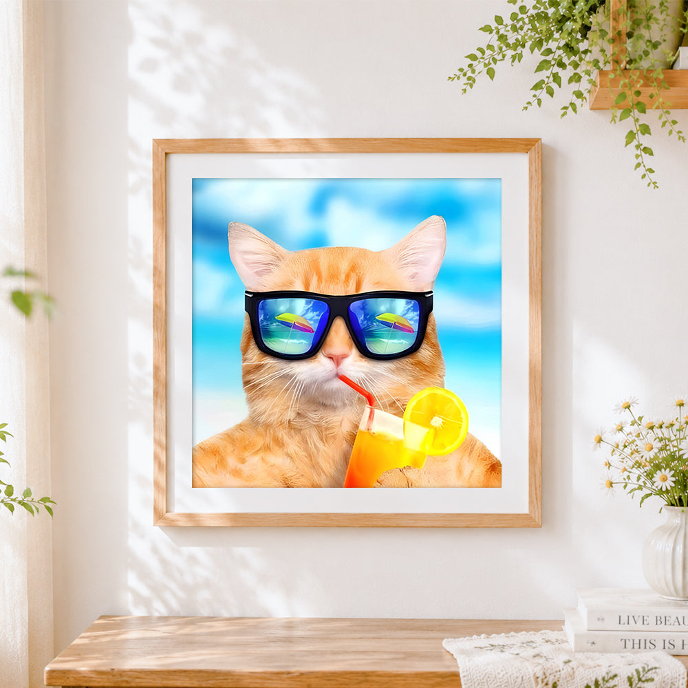 Finished cool cat in sunglasses with a cocktail paint by numbers artwork displayed as home decor