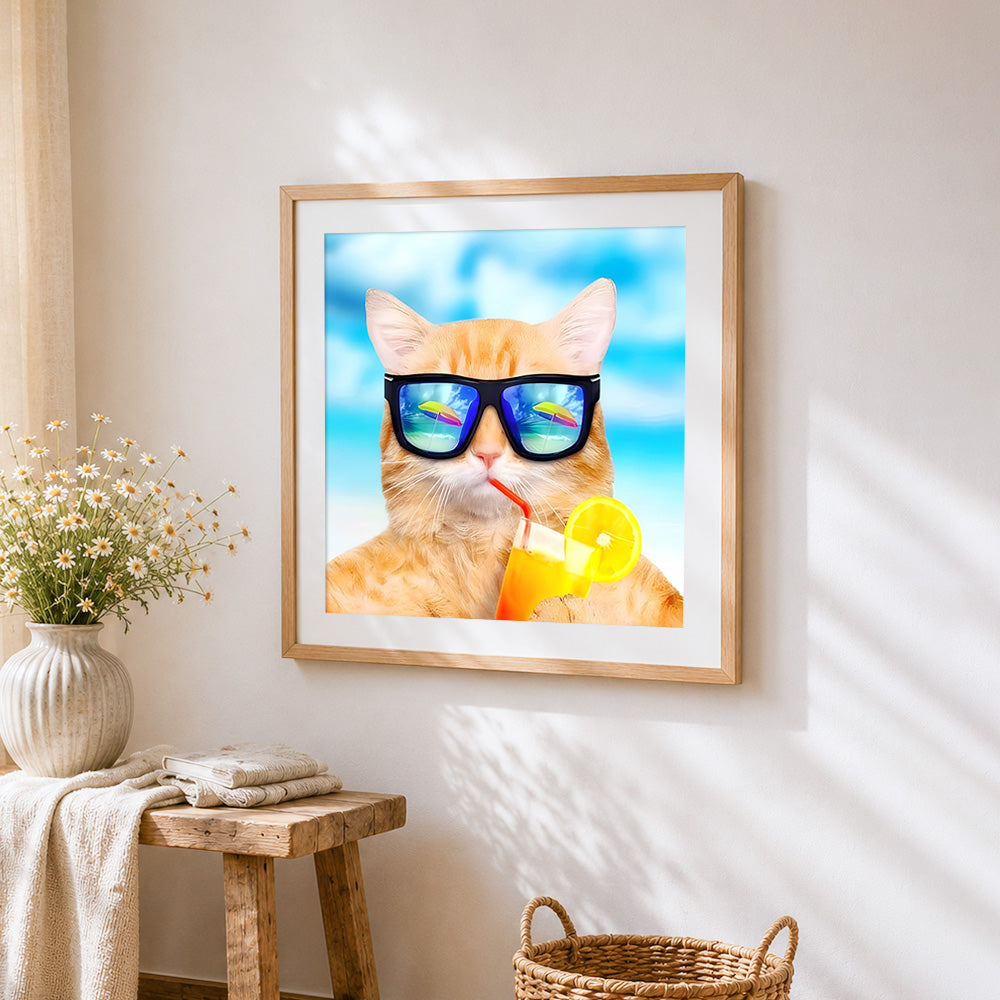 Cool cat in sunglasses with a cocktail paint by numbers artwork displayed on wall as home decor
