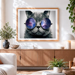 Finished cool cat wearing galaxy sunglasses cross stitch artwork displayed