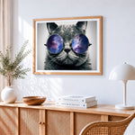 Cool cat wearing galaxy sunglasses cross stitch artwork displayed on wall as home decor