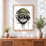Finished cool cat with headphones cross stitch artwork displayed