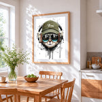 Cool cat with headphones cross stitch artwork displayed on wall as home decor