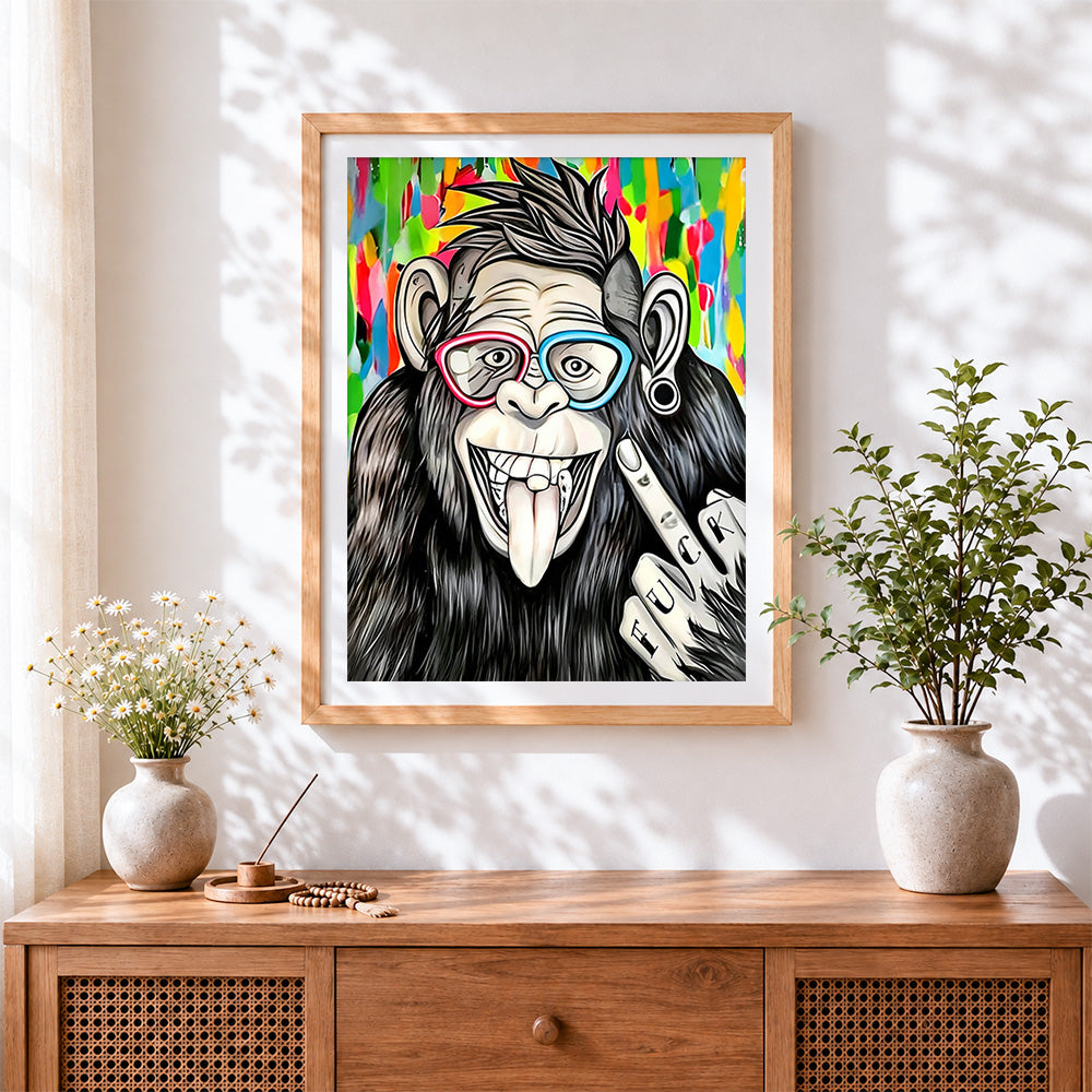 Finished cool chimpanzee with colourful glasses cross stitch artwork displayed