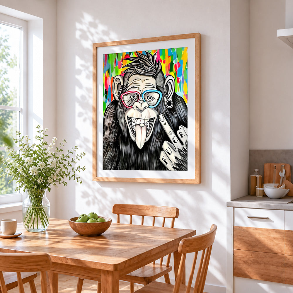 Cool chimpanzee with colourful glasses cross stitch artwork displayed on wall as home decor