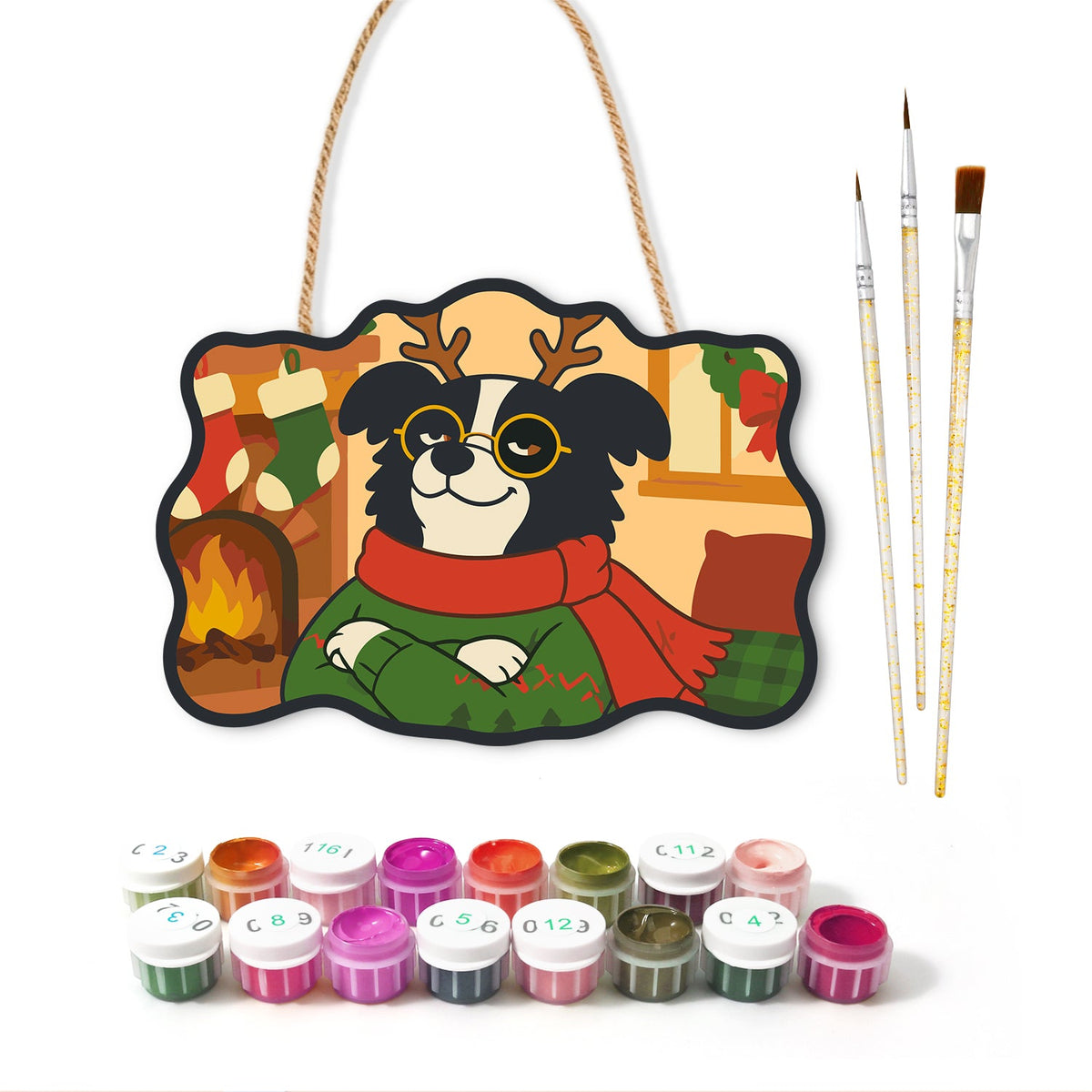 Cool christmas dog paint by numbers door hanger with paints and brushes