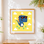 Finished cool dinosaur with sunglasses cross stitch artwork displayed