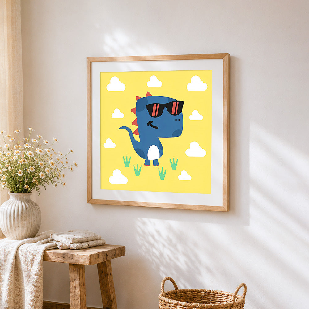 Cool dinosaur with sunglasses cross stitch artwork displayed on wall as home decor