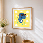 Cool dinosaur with sunglasses cross stitch artwork displayed on wall as home decor