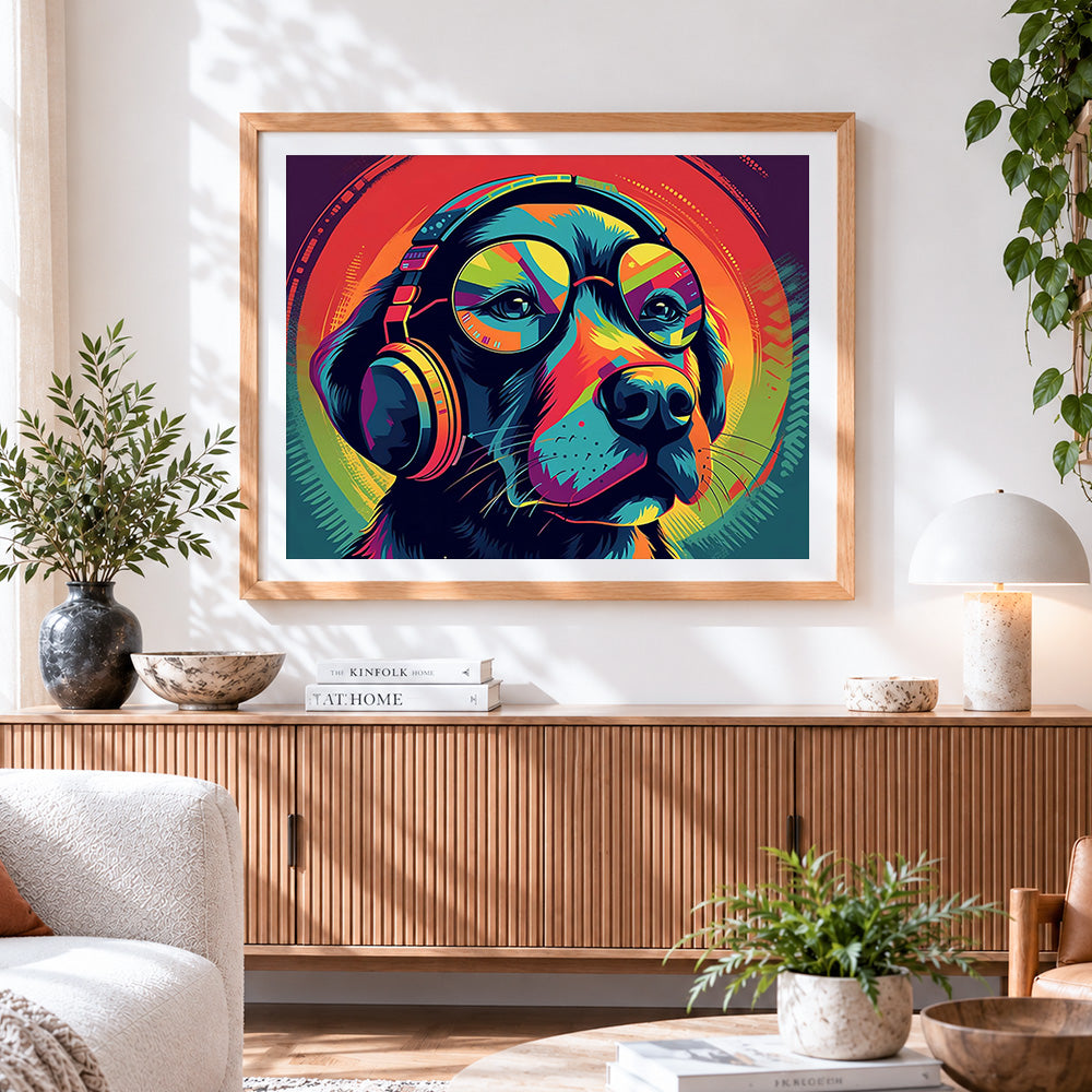 Finished cool dog with headphones and glasses cross stitch artwork displayed