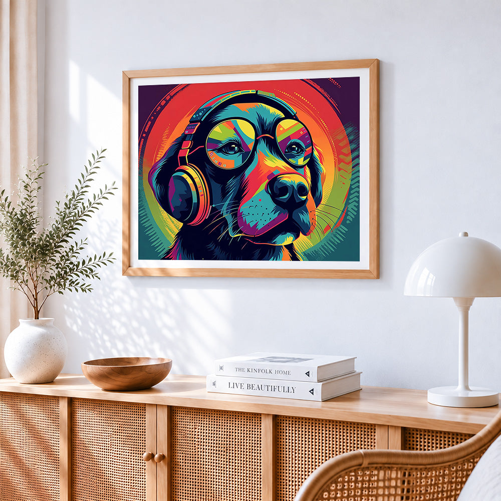Cool dog with headphones and glasses cross stitch artwork displayed on wall as home decor