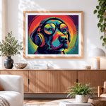 Finished cool dog with headphones and glasses paint by numbers artwork displayed as home decor