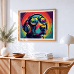 Cool dog with headphones and glasses paint by numbers artwork displayed on wall as home decor