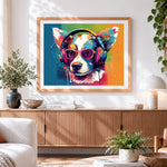 Finished cool dog with headphones and sunglasses cross stitch artwork displayed