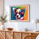Cool dog with headphones and sunglasses cross stitch artwork displayed on wall as home decor