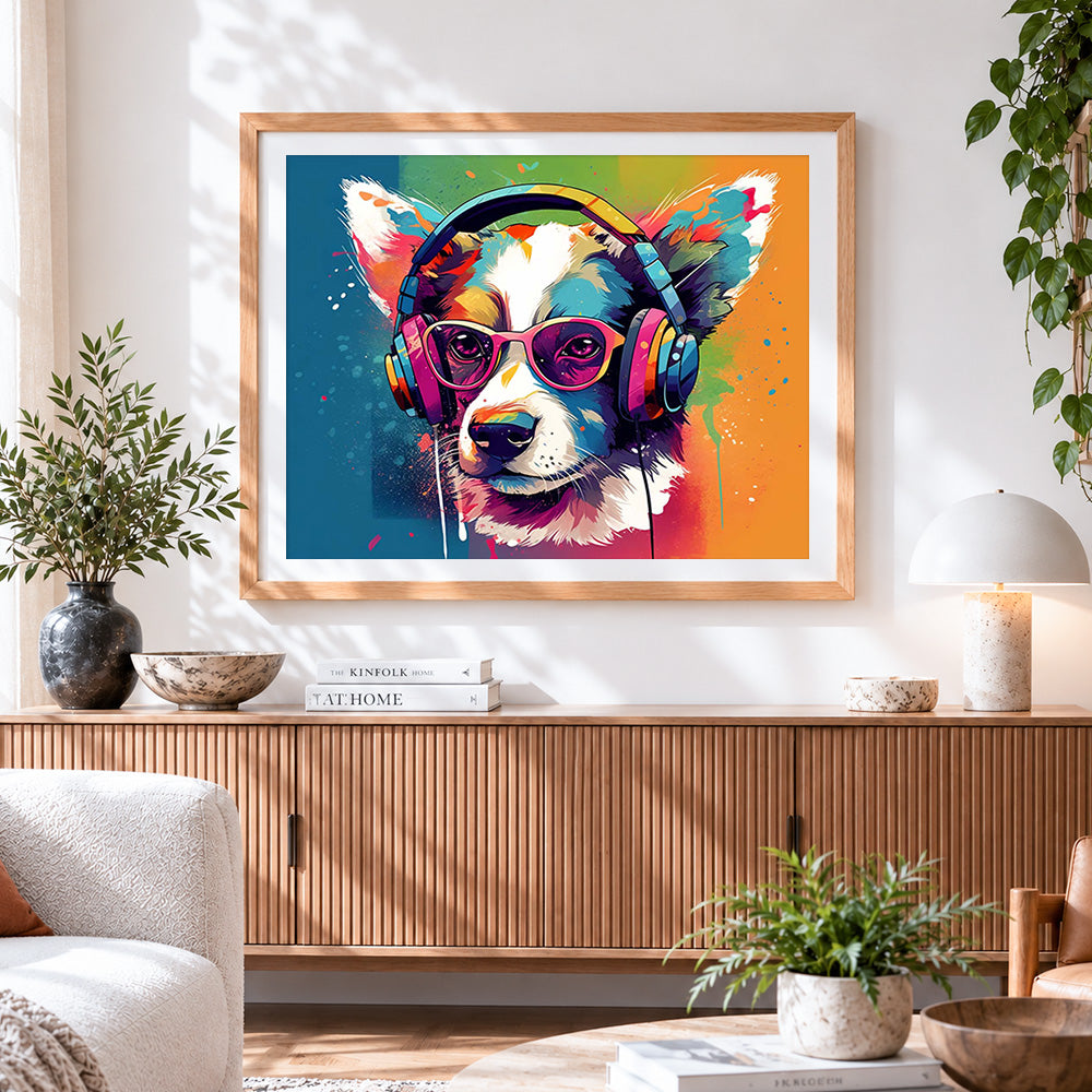 Finished cool dog with headphones and sunglasses paint by numbers artwork displayed as home decor