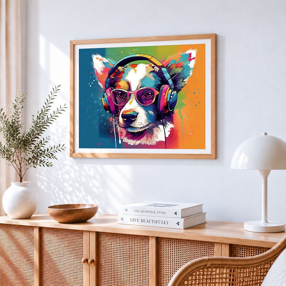 Cool dog with headphones and sunglasses paint by numbers artwork displayed on wall as home decor