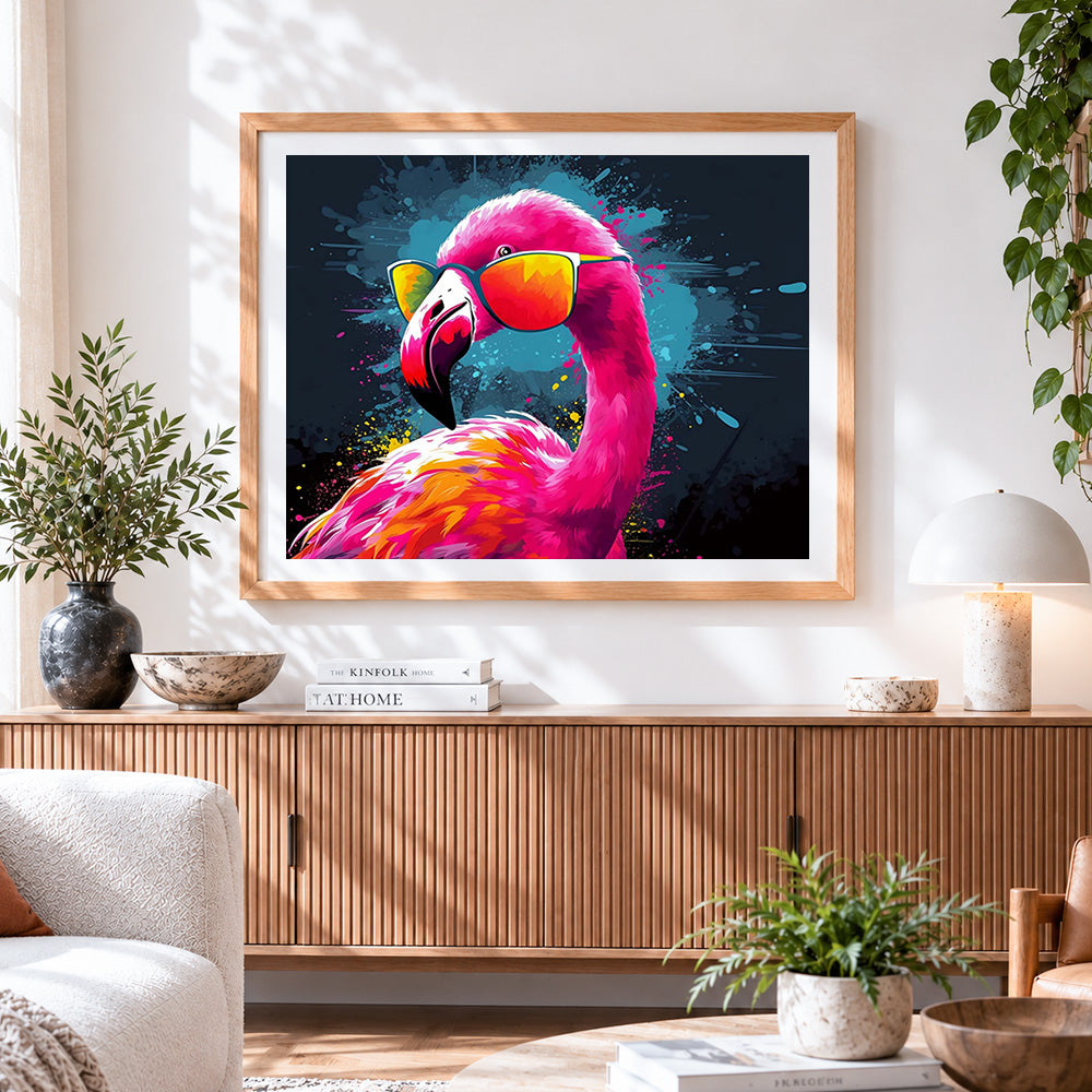Finished cool flamingo with sunglasses cross stitch artwork displayed