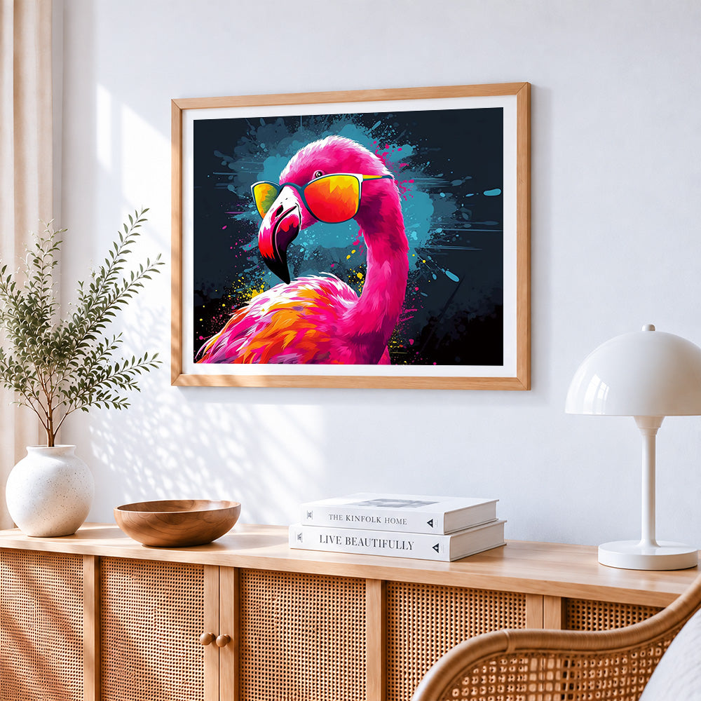 Cool flamingo with sunglasses cross stitch artwork displayed on wall as home decor