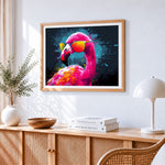 Cool flamingo with sunglasses paint by numbers artwork displayed on wall as home decor