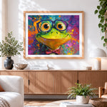 Finished cool frog with glasses and bow tie cross stitch artwork displayed