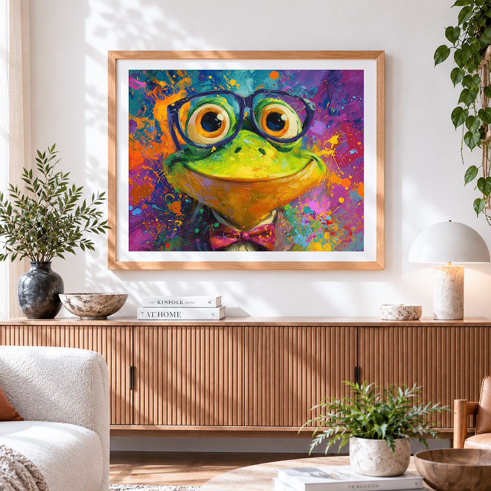 Finished cool frog with glasses and bow tie cross stitch artwork displayed