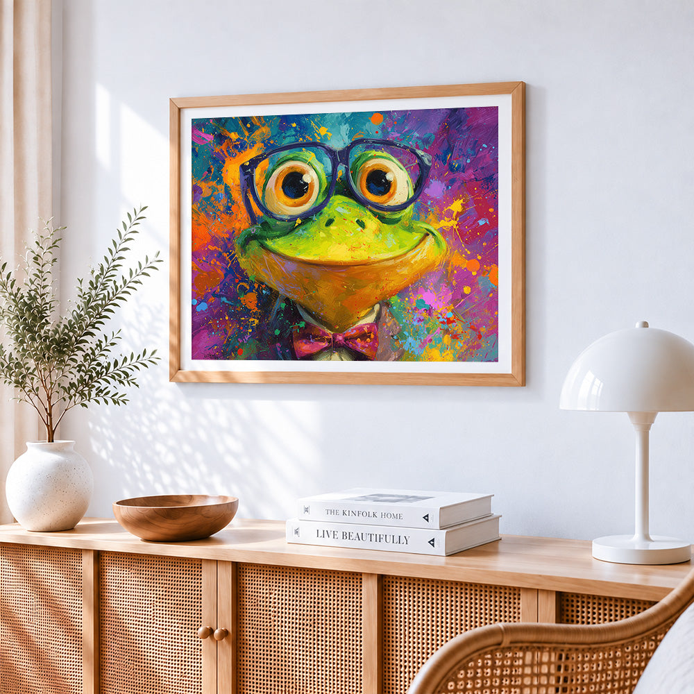 Cool frog with glasses and bow tie cross stitch artwork displayed on wall as home decor