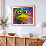 Cool frog with glasses and bow tie paint by numbers artwork displayed on wall as home decor