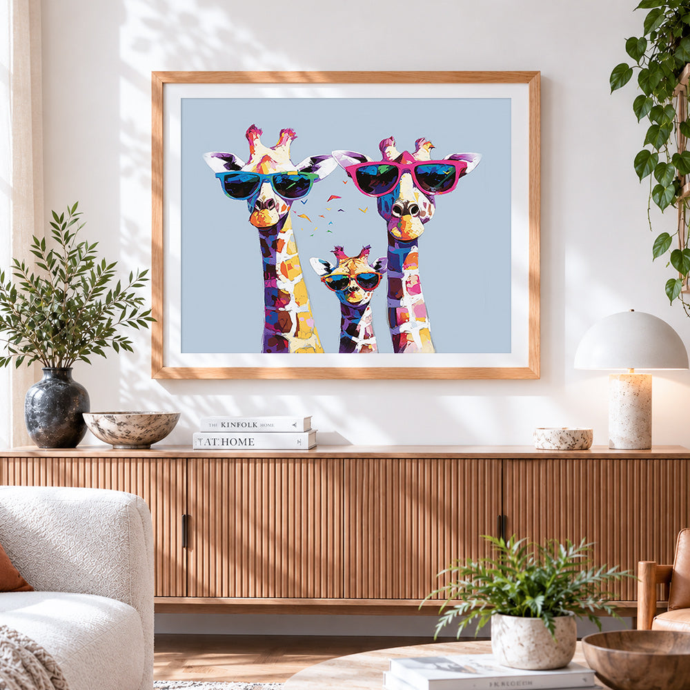 Finished cool giraffe family with sunglasses paint by numbers artwork displayed as home decor
