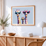 Cool giraffe family with sunglasses paint by numbers artwork displayed on wall as home decor