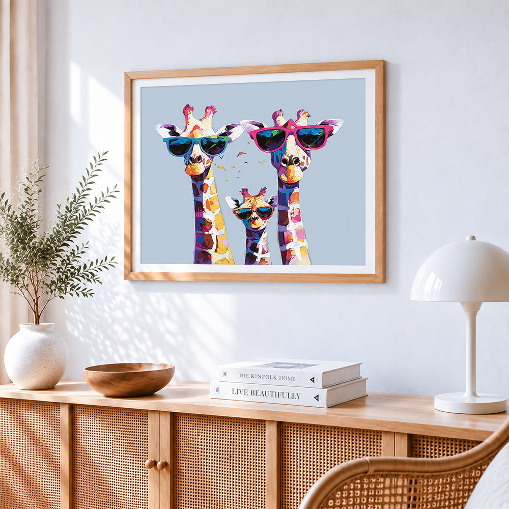 Cool giraffe family with sunglasses paint by numbers artwork displayed on wall as home decor