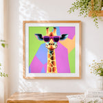 Finished cool giraffe wearing sunglasses cross stitch artwork displayed
