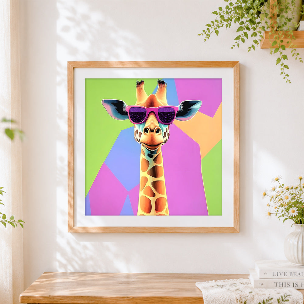 Finished cool giraffe wearing sunglasses cross stitch artwork displayed