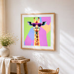 Cool giraffe wearing sunglasses cross stitch artwork displayed on wall as home decor