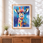 Finished cool giraffe with glasses and flower cross stitch artwork displayed