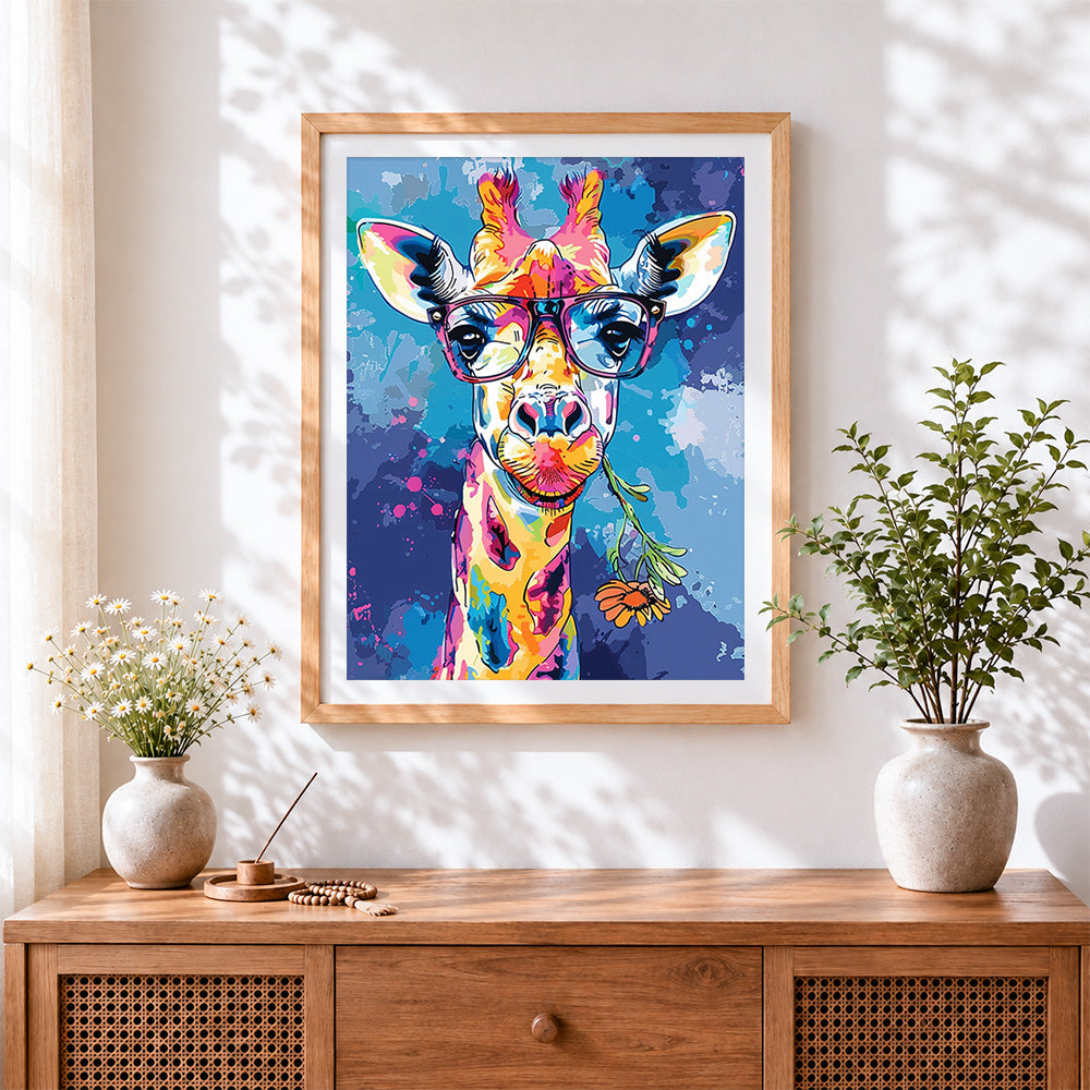 Finished cool giraffe with glasses and flower cross stitch artwork displayed